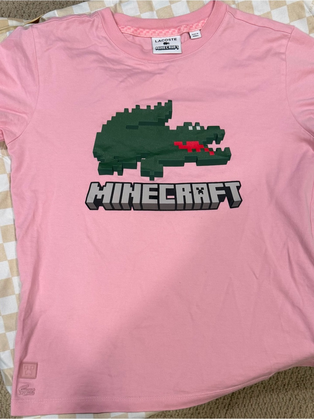 Lacoste Pink Tee with Pixel Crocodile Minecraft Graphic